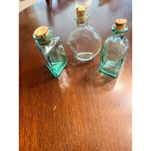 Set Of 3 Clear & Green Glass Bottles With Cork Stoppers Decorative Jars For Craf